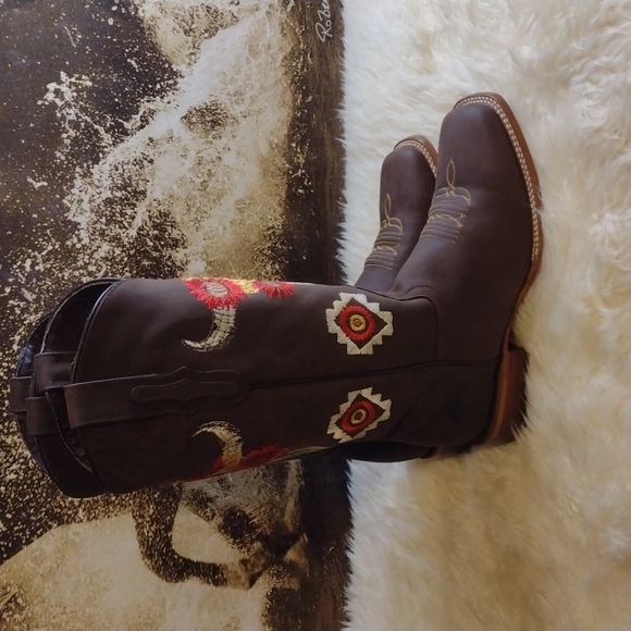 New Handmade Chocolate Brown Embroidered Cowhide Leather Square Toe Size 8.5 - Picture 3 of 12